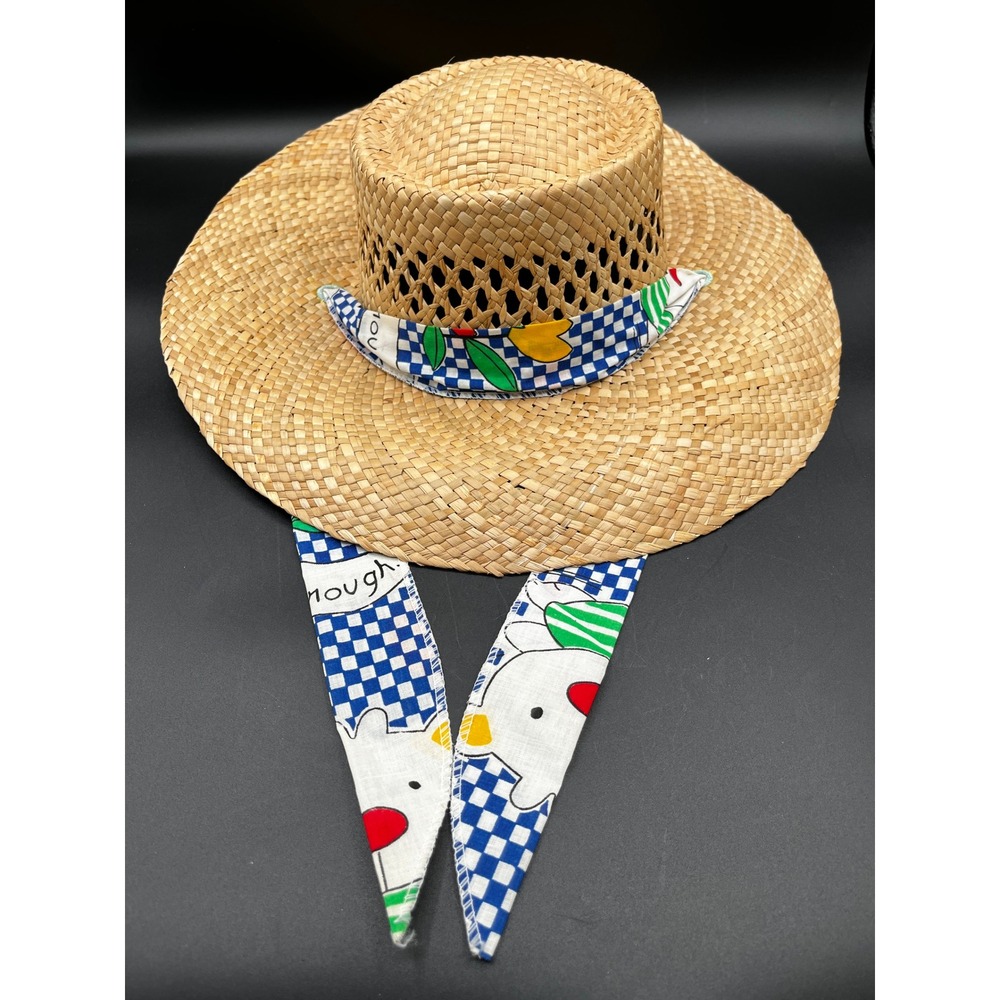Vtg Royal Headwear Straw Boater Hat Wide Brim Checkerboard Scarf Tie Tan Floppy